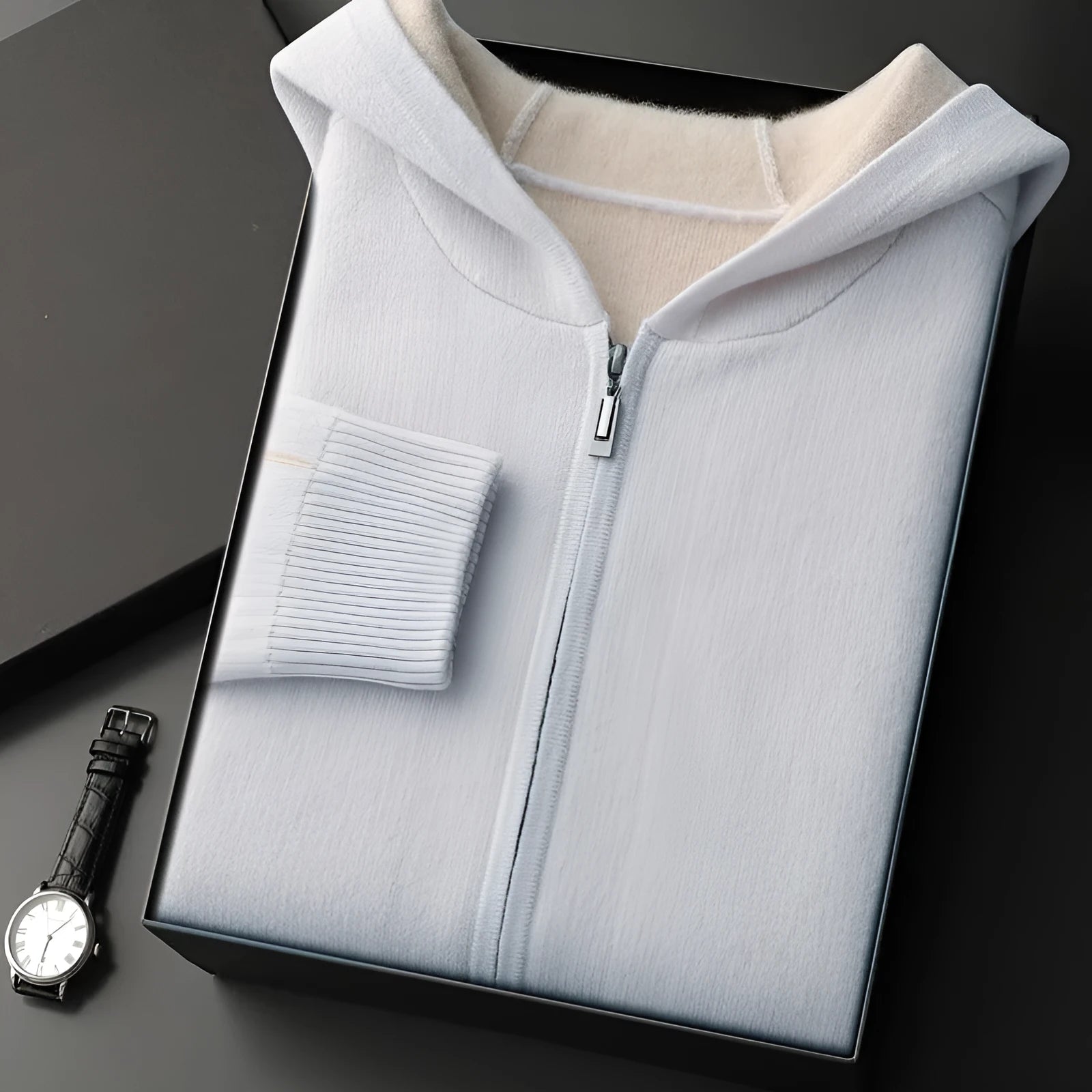 Men's dark blue cashmere half-high collar zip cardigan sweater with long sleeves