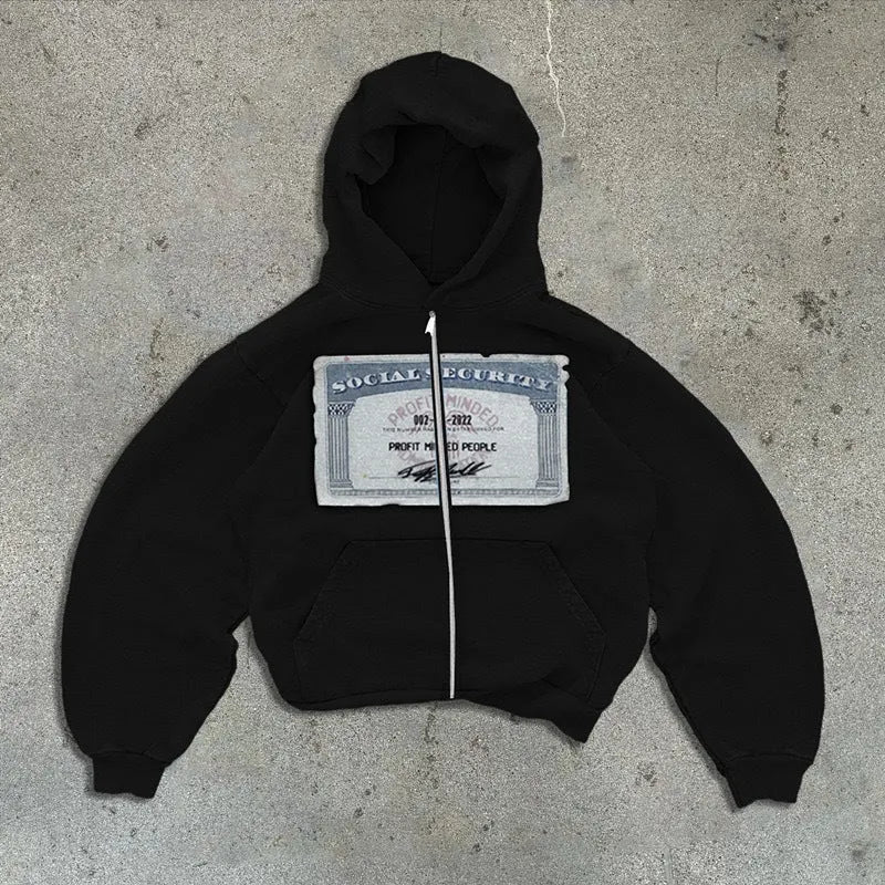 Unisex black zip-up hoodie jacket with white letter pattern and zippered side pockets on a model.