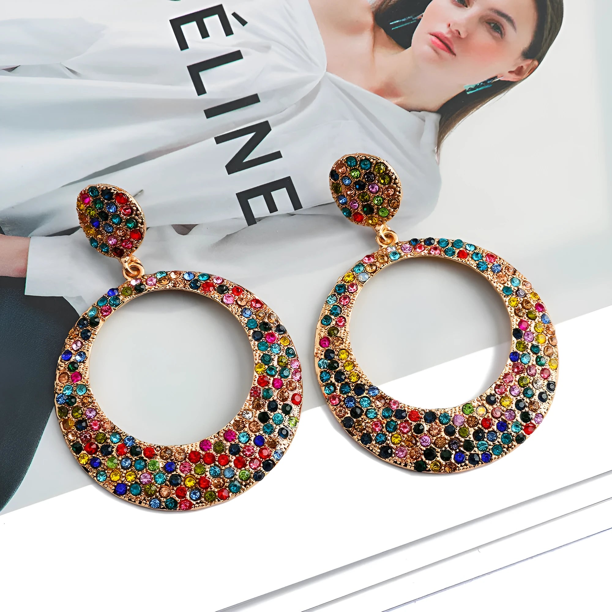 Colour cartoon style alloy earrings with metal diamond round large pendant drops for women