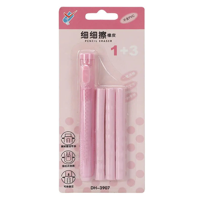 Push type children's automatic eraser in blue, green, pink, and purple colour options
