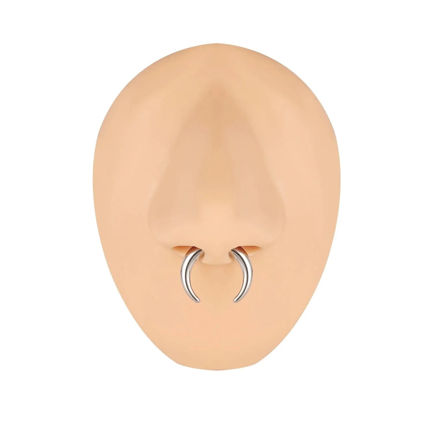 316L steel C-shaped nose ring in black and steel colour on a plain background, showing geometric shape.