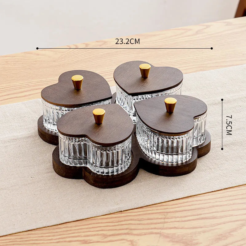 Glass retro style snack plate with heart-shaped transparent lid showing grid compartments inside