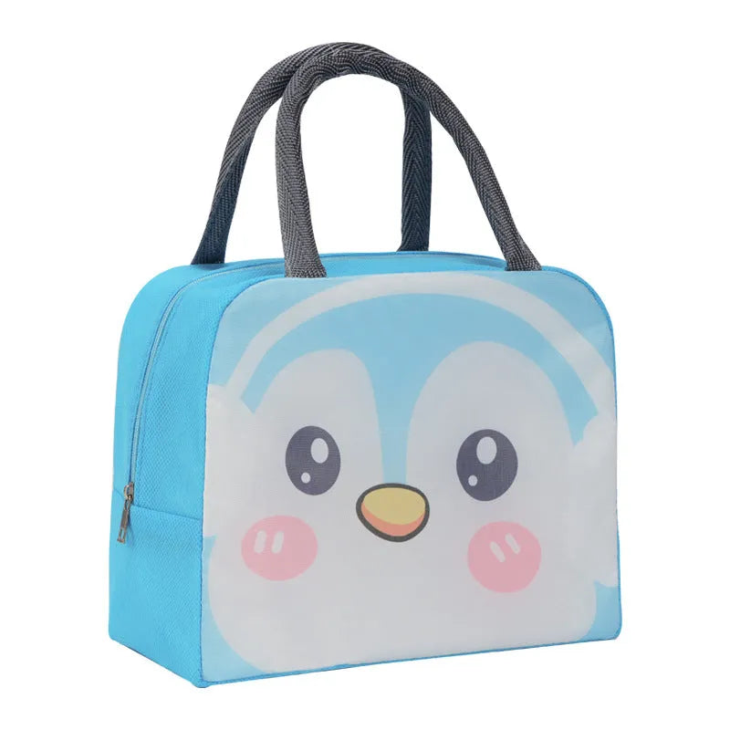 Cartoon insulated lunch box bag for children in Orange Bear design with zip closure.