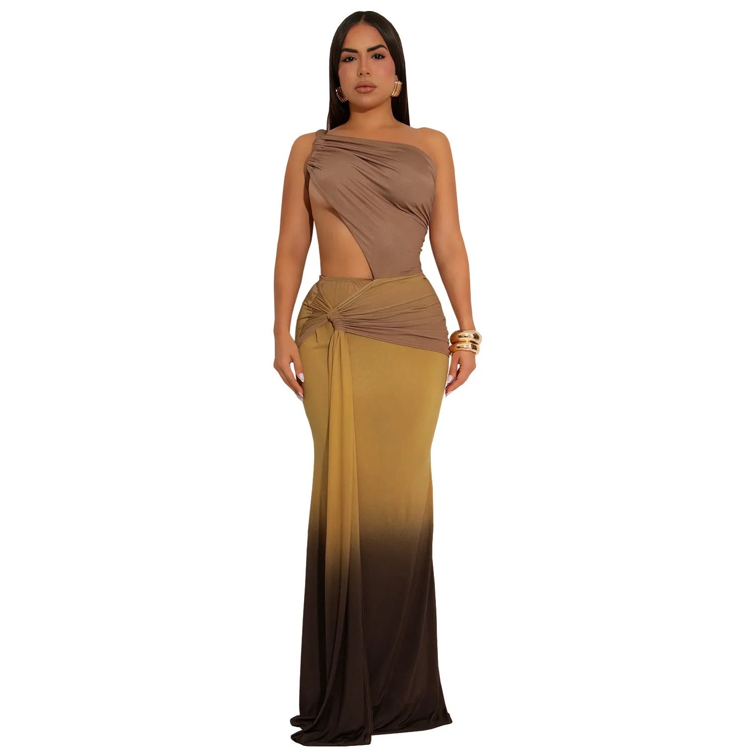 Women's brown gradient sleeveless dress with cross-shoulder design and high waist