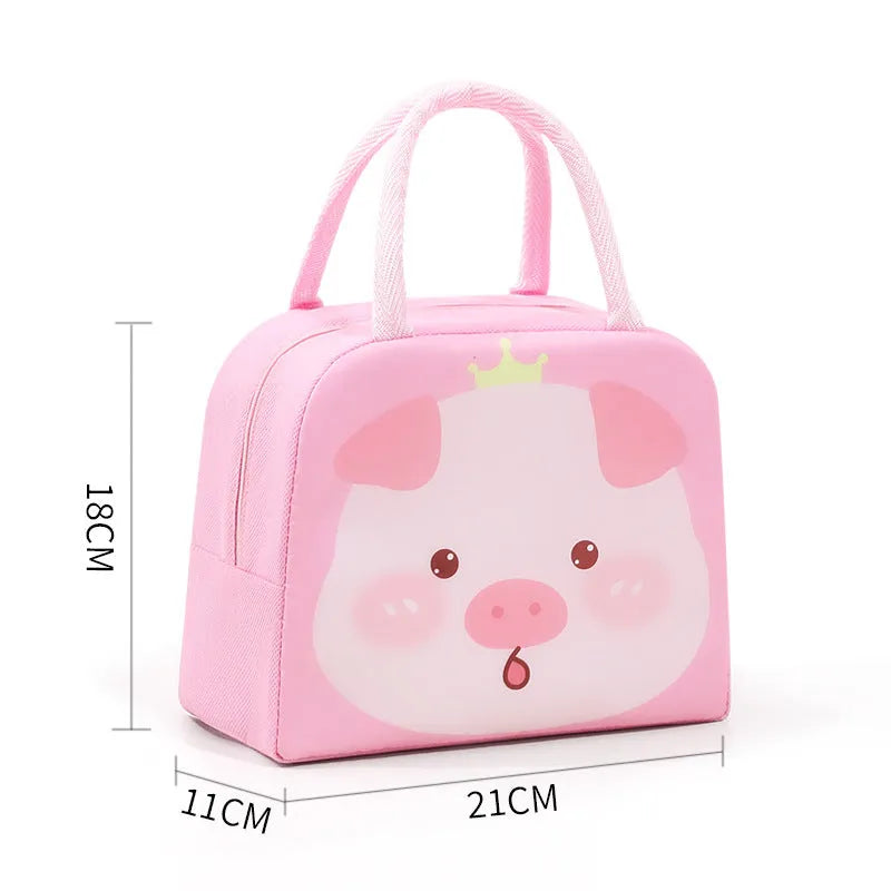 Cartoon insulated lunch box bag for children in Orange Bear design with zip closure.