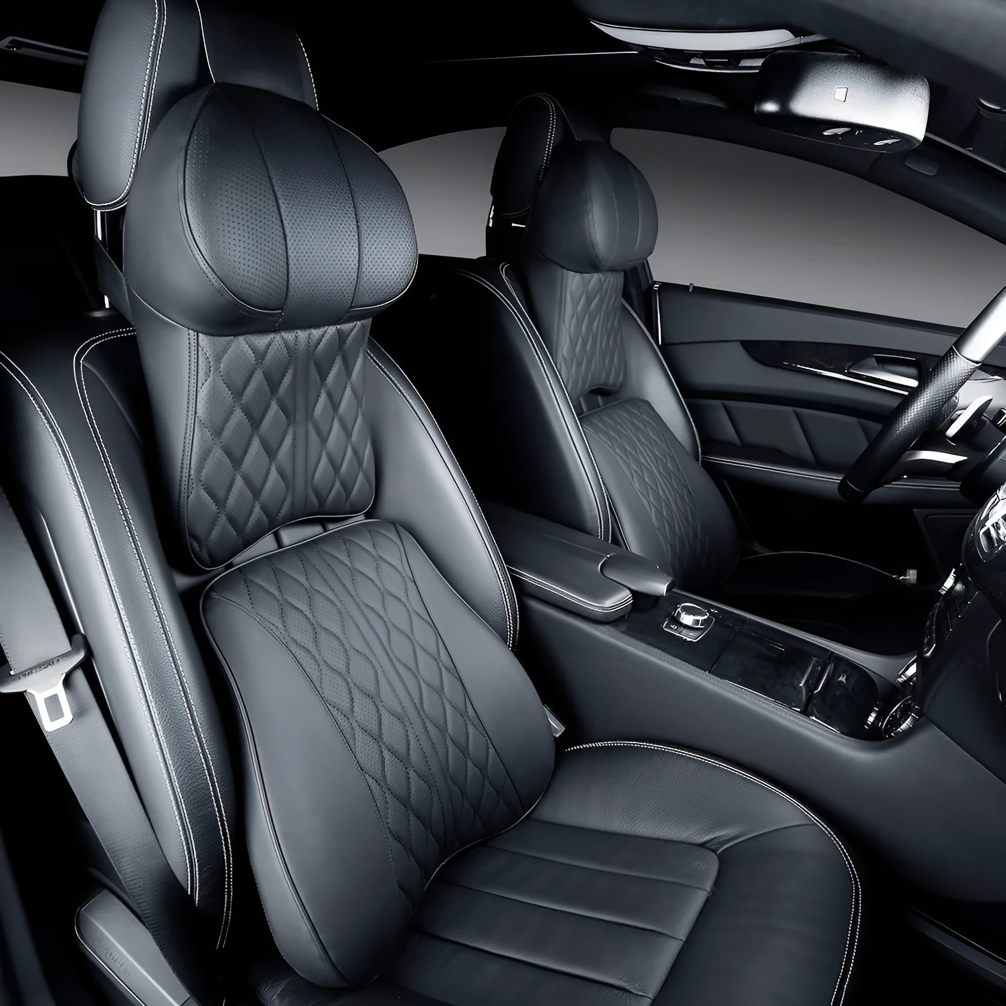 Leather embossed lumbar support pillow and matching headrest car cushion set