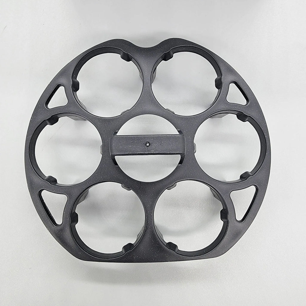 Black plastic egg holder basket with modern design showing 13.8cm length dimensions
