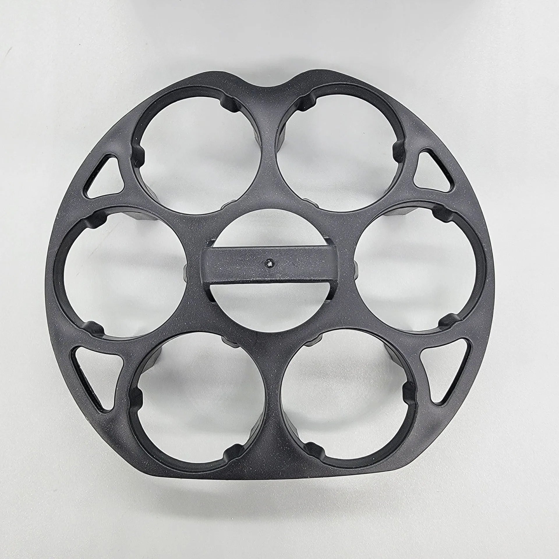 Black plastic egg holder basket with modern design showing 13.8cm length dimensions
