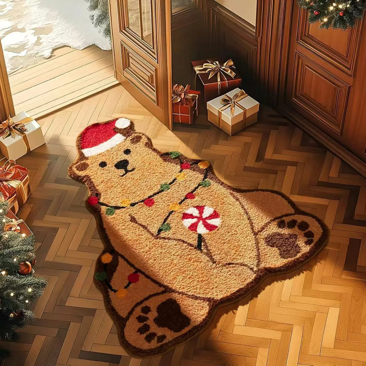 Christmas hallway mat with geometric festive patterns and non-slip backing in multiple size options