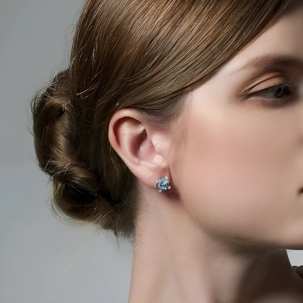 Women's sterling silver ear studs with round geometric Alexander stone in simple fashion style