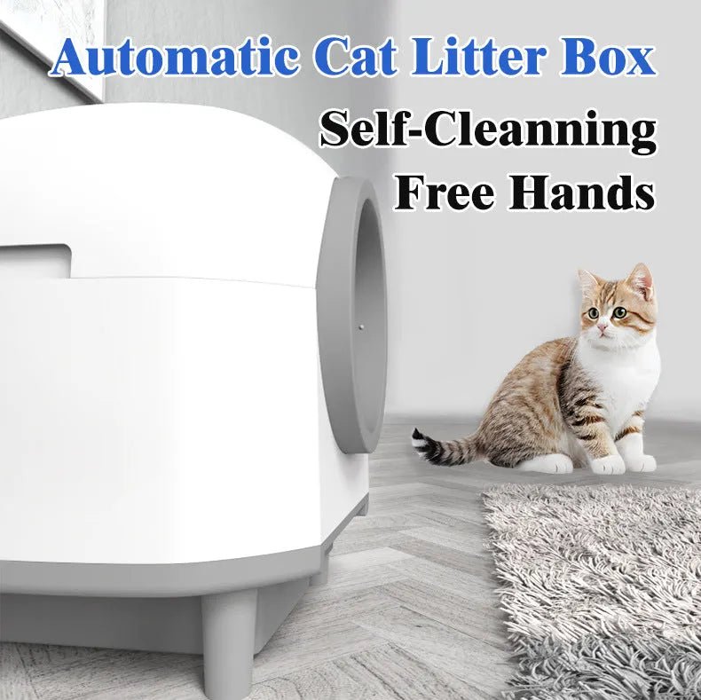White automatic self-cleaning cat litter box with enclosed design measuring 556x512x590mm