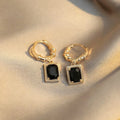 Geometric quadrilateral black zircon copper earrings with French court retro design