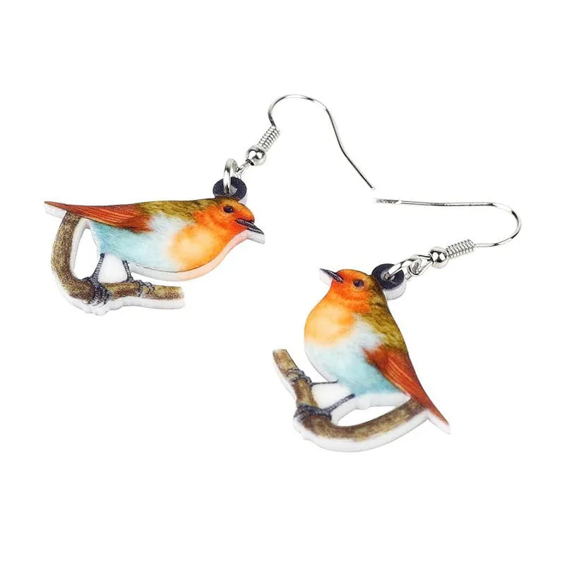 Blue titmouse acrylic pendant earrings with geometric animal zodiac and snake design elements