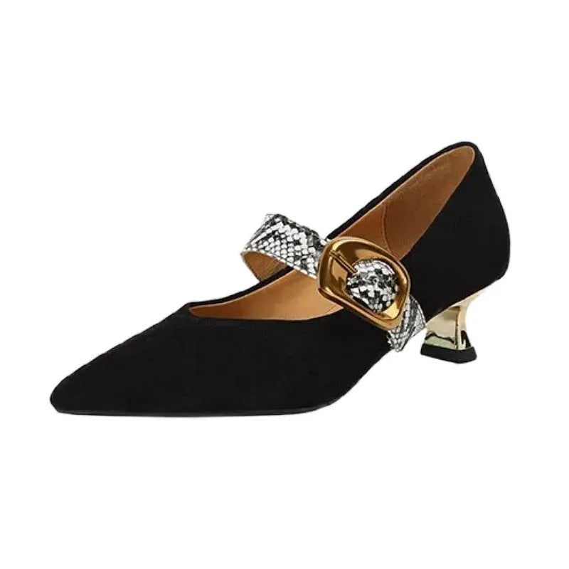 Women's black French pointed toe high heel shoes with stiletto heel and ankle buckle closure