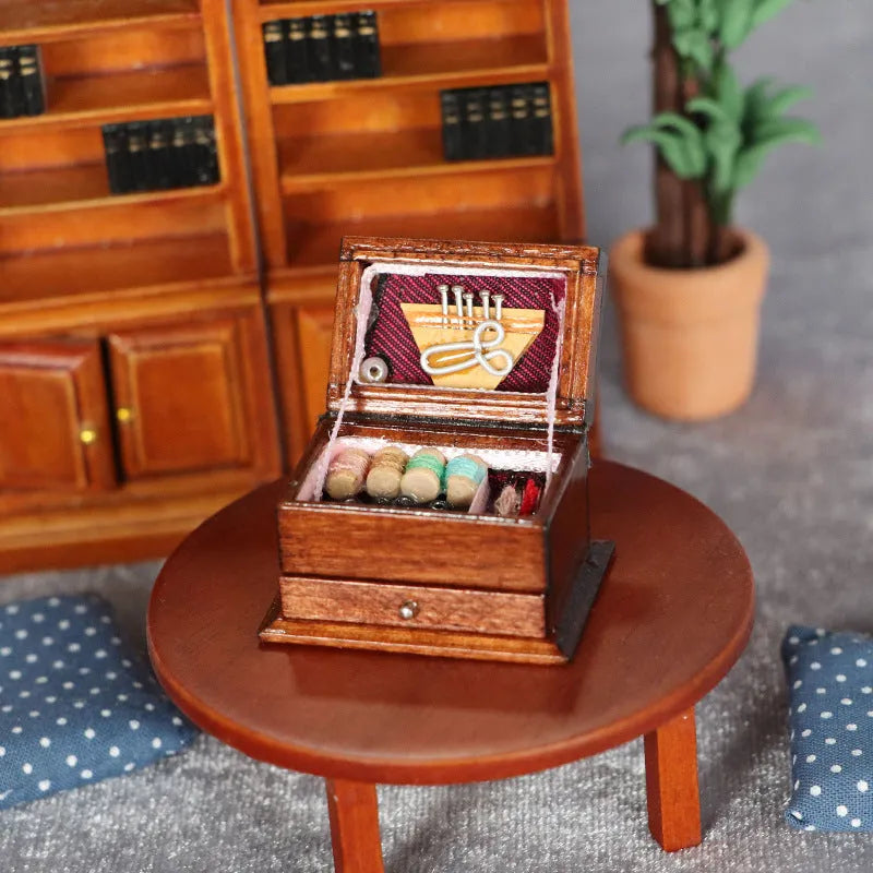 European-style miniature wooden sewing kit box made of birch, showing double layer design and compact size.
