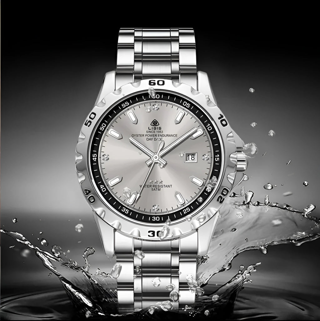 Silver men's business watch with luminous markers and stainless steel strap