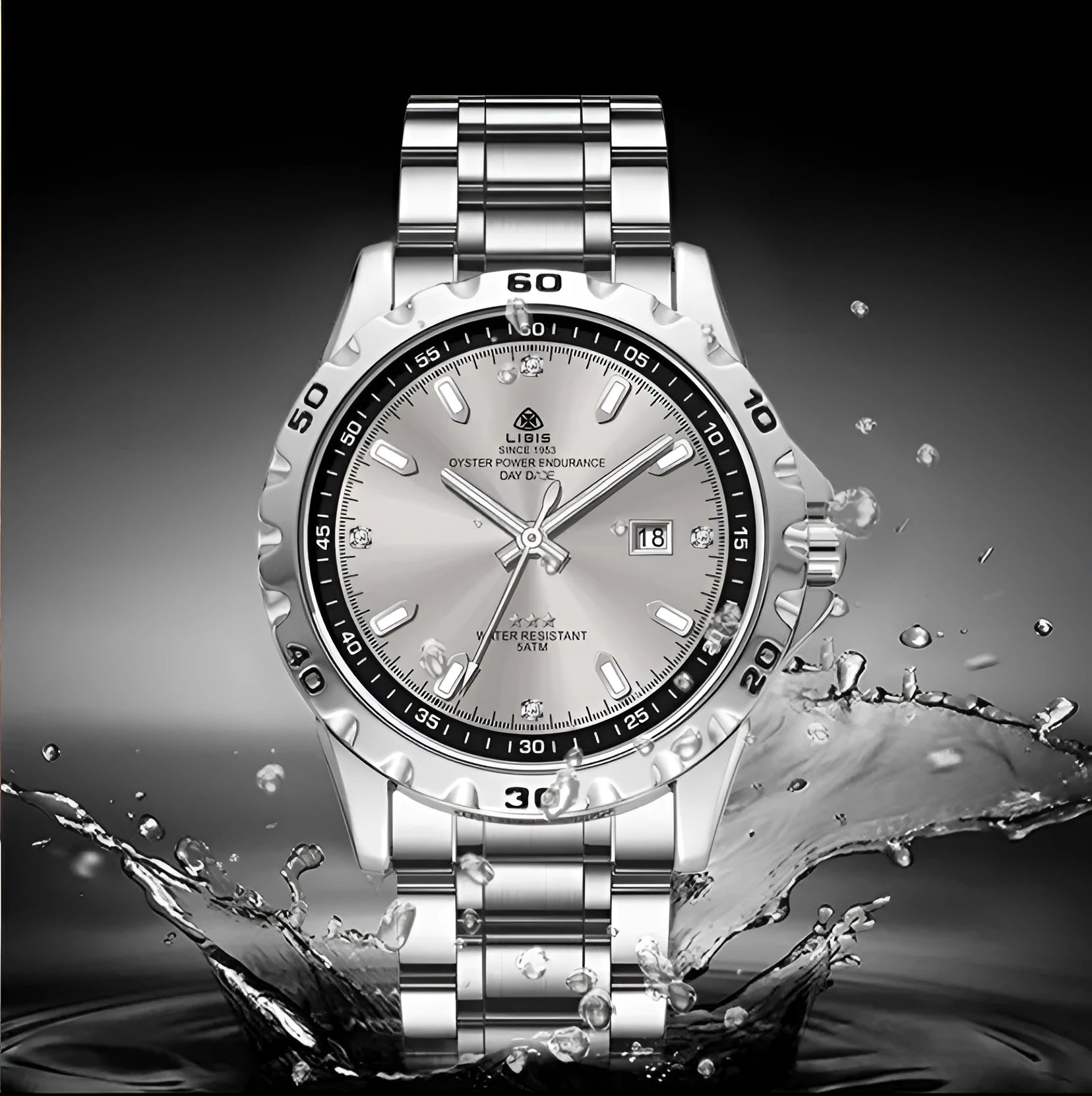Silver men's business watch with luminous markers and stainless steel strap