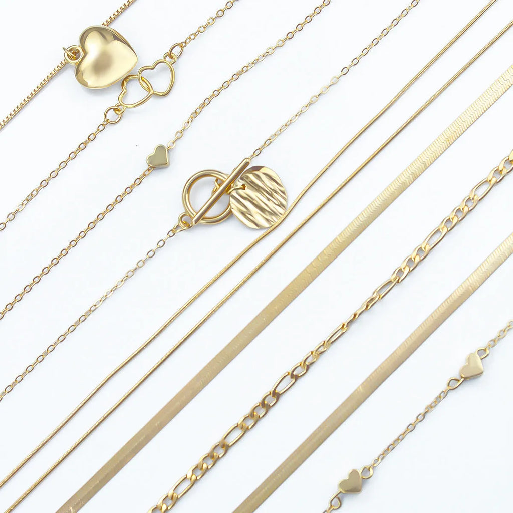 Ten gold electroplated necklaces with alloy pendants on snake bones chains, adjustable 21-50cm length