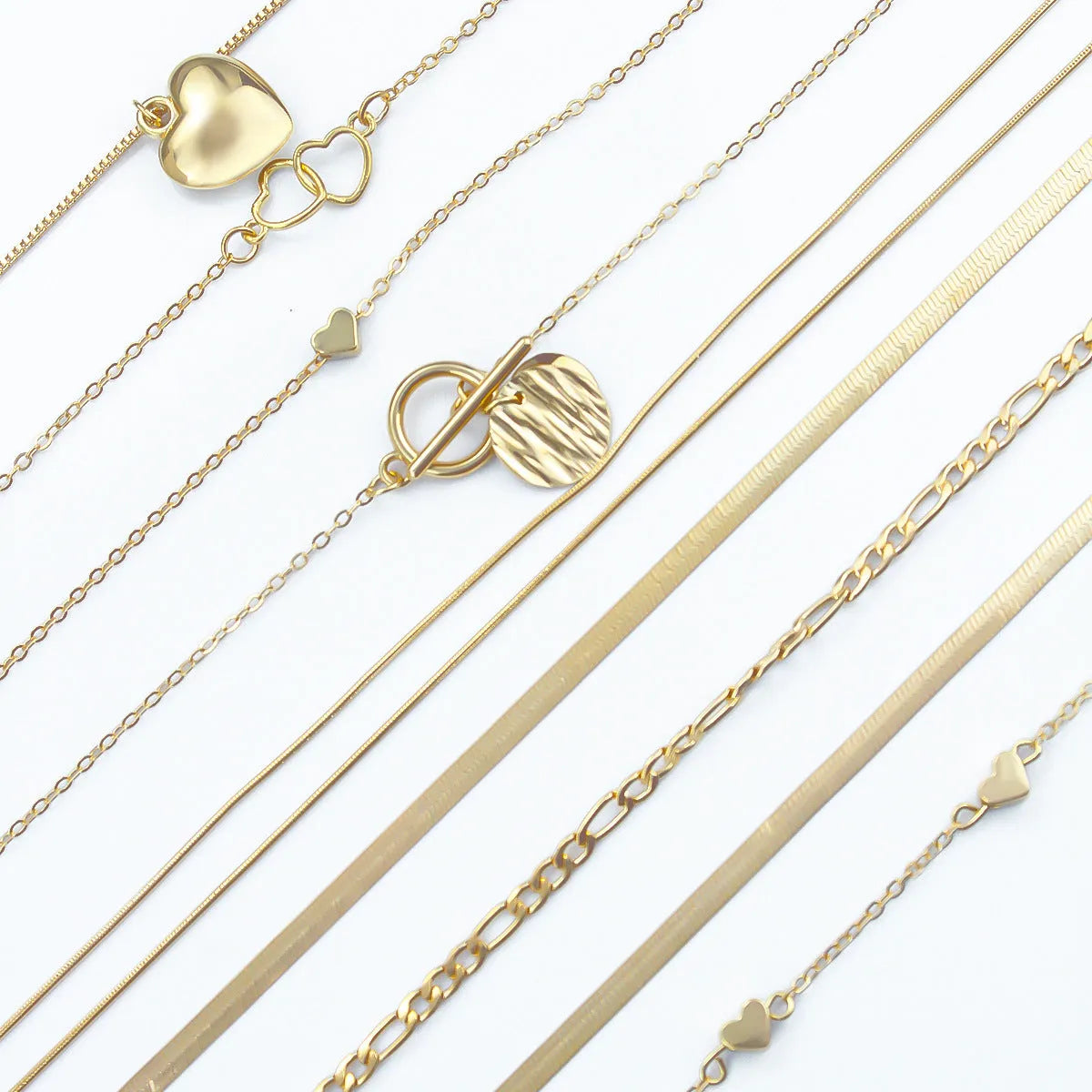 Ten gold electroplated necklaces with alloy pendants on snake bones chains, adjustable 21-50cm length