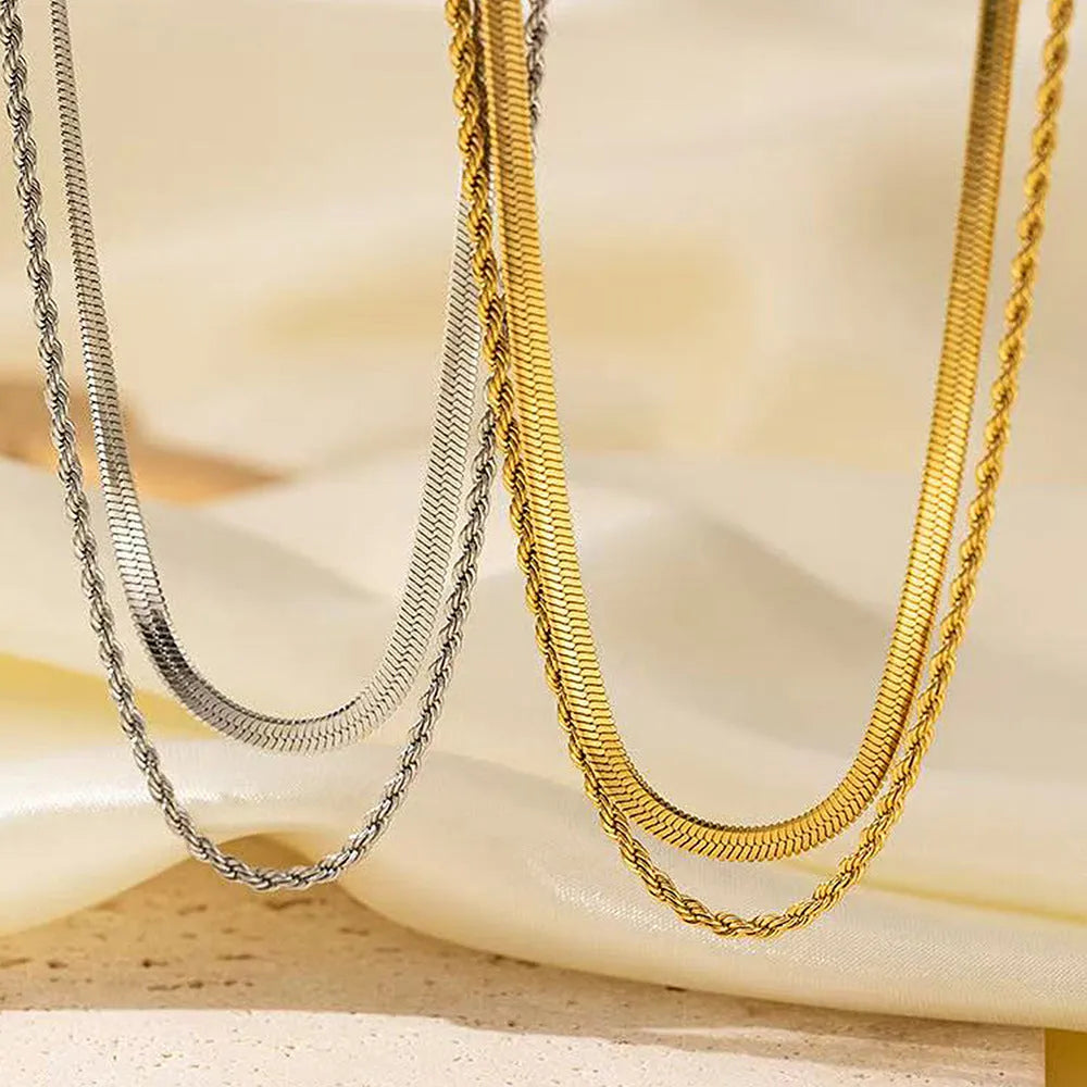 Women's retro double-layer twist necklace with geometric pendant on snake bone chain