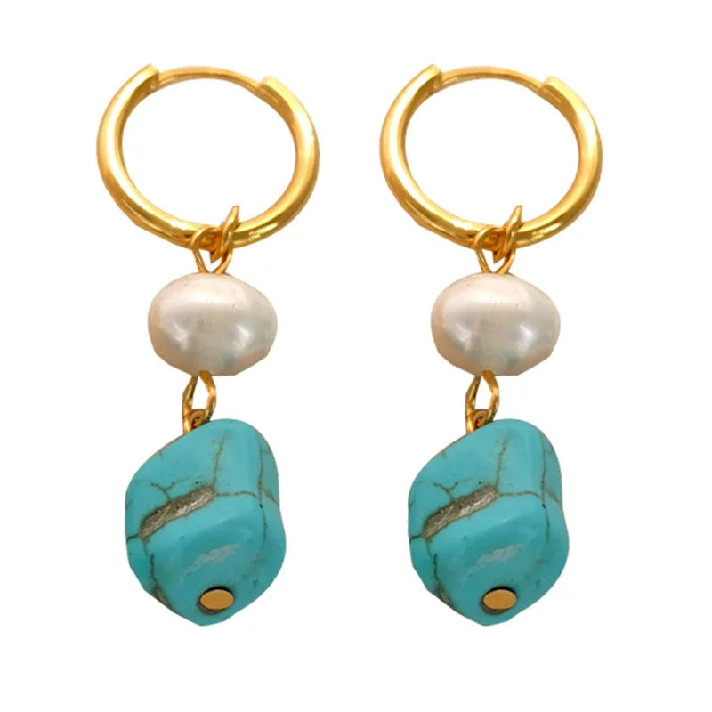 Turquoise and cultured pearl geometric earring set with short stud and long dangle copper earrings