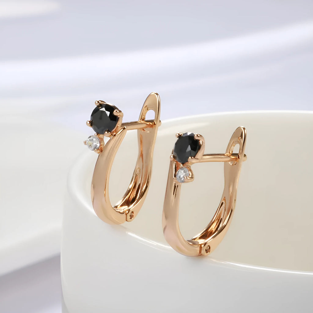 Women's gold geometric black agate drop earrings with retro styling and copper construction