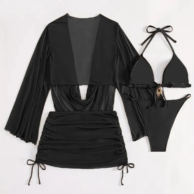 Dark brown women's bikini set with lace-up front and backless design on a mannequin.
