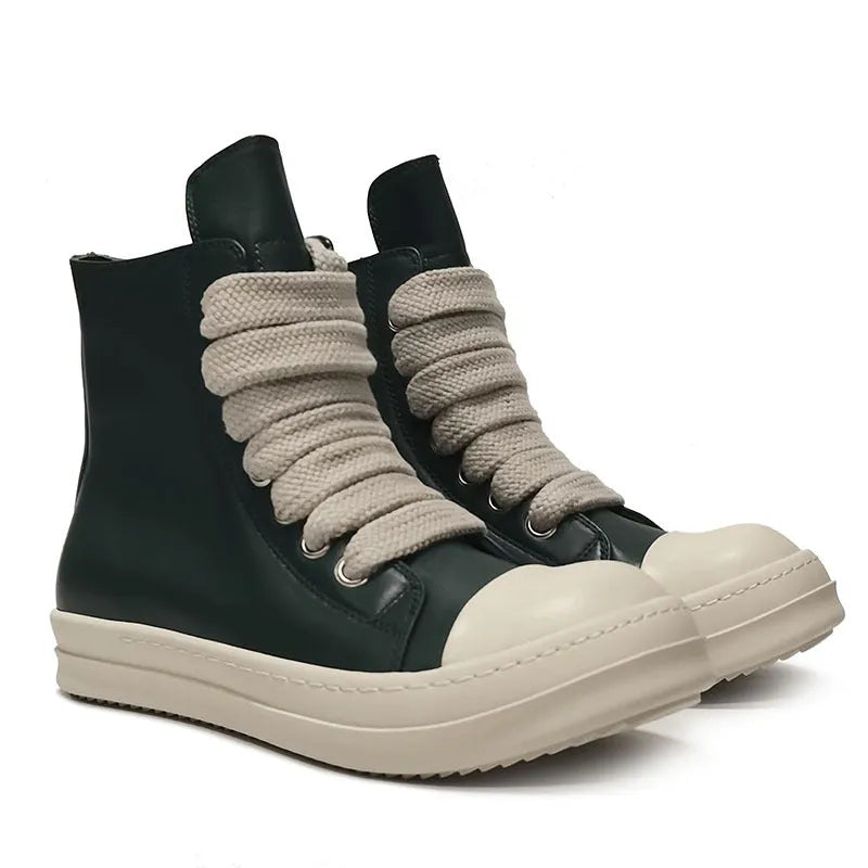 Men's black high-top leather sneakers with a side zip on a white background