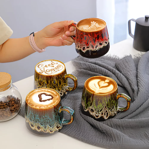 Large capacity mild luxury retro style ceramic coffee mug in one of four colour options.