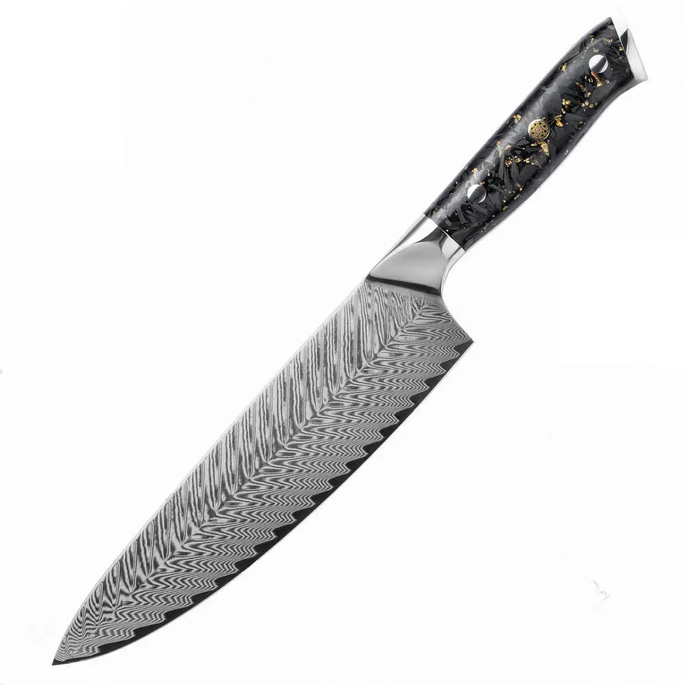 Damascus steel eight-piece kitchen knife set showing fishbone pattern blades and modern handles.