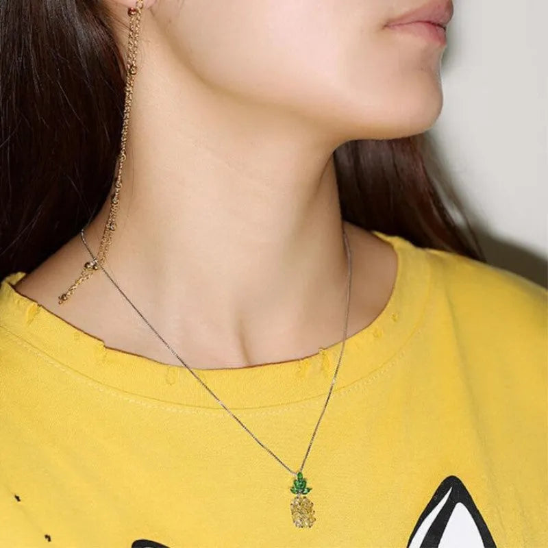Korean geometric pineapple necklace with silver plating and diamond detailing pendant