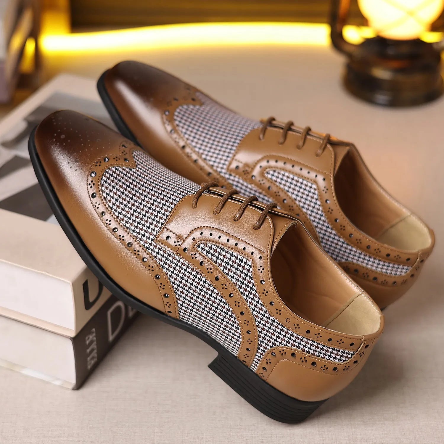 Men's houndstooth pattern casual shoes in black with a square toe and lace-up front.