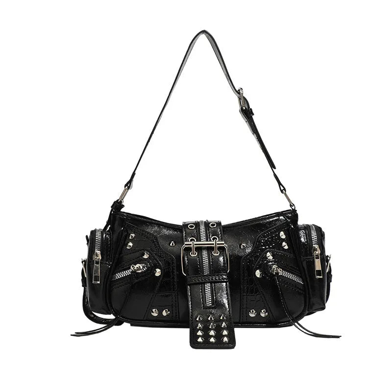 Black retro shoulder handbag with dumpling shape design and multiple compartments