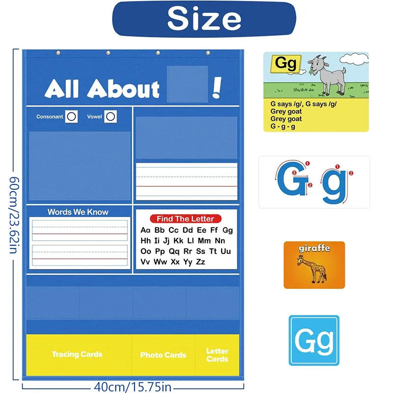 Children's alphabet learning chart sleeve table with educational cards spread on 60x40cm wipe-clean surface