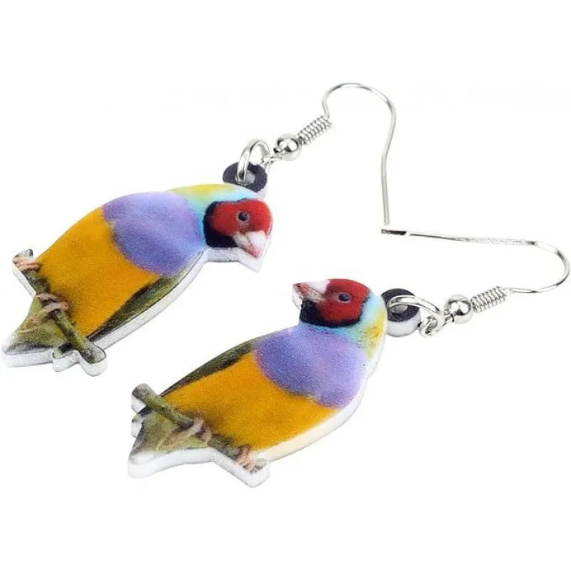 Blue titmouse acrylic pendant earrings with geometric animal zodiac and snake design elements