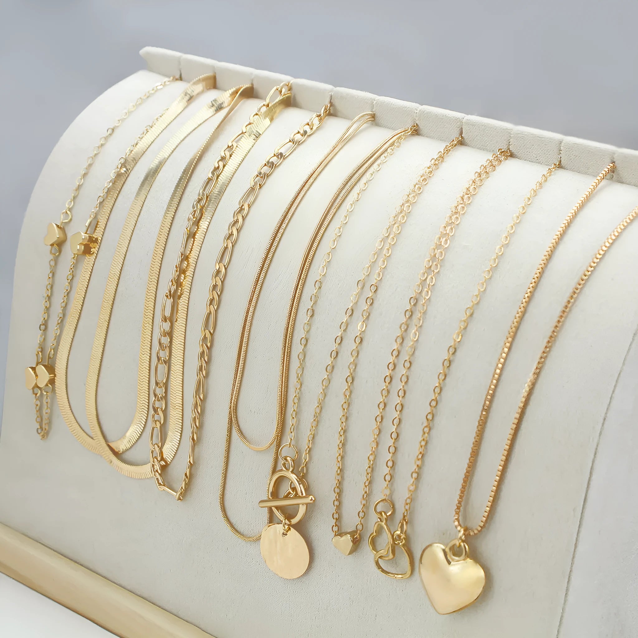 Ten gold electroplated necklaces with alloy pendants on snake bones chains, adjustable 21-50cm length