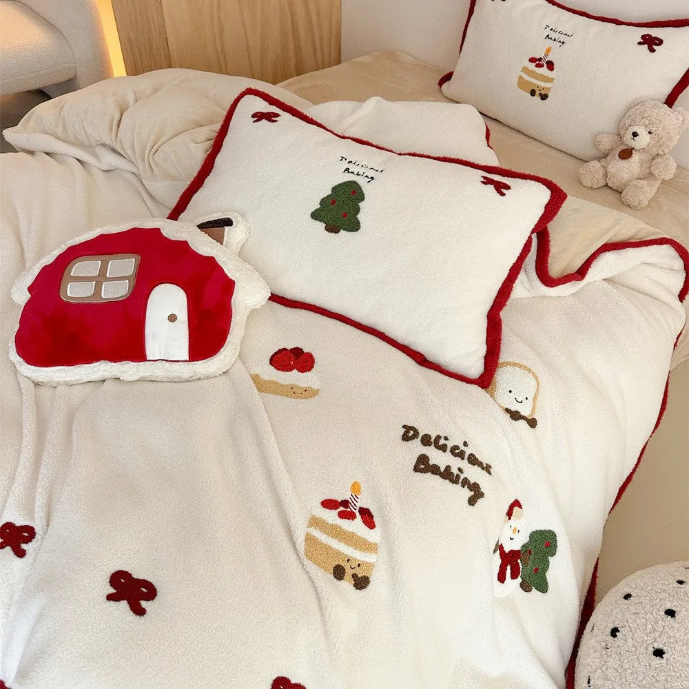 Girl's Christmas cartoon bedding four-piece set with Snow House Milk Pastry pattern on polyester fabric
