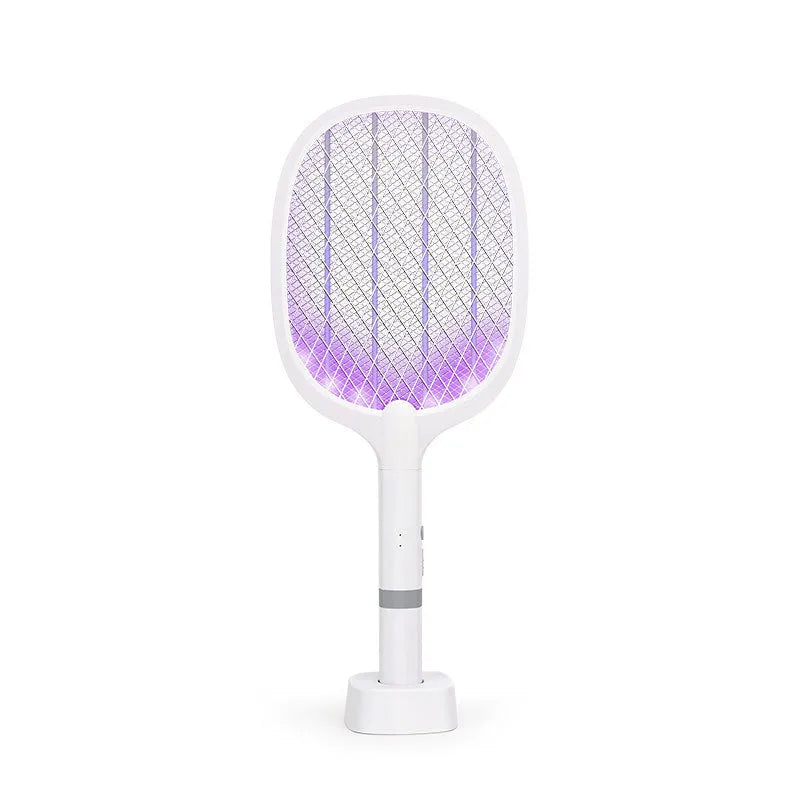 Rechargeable electric mosquito swatter with USB charging port in white or grey ABS plastic housing