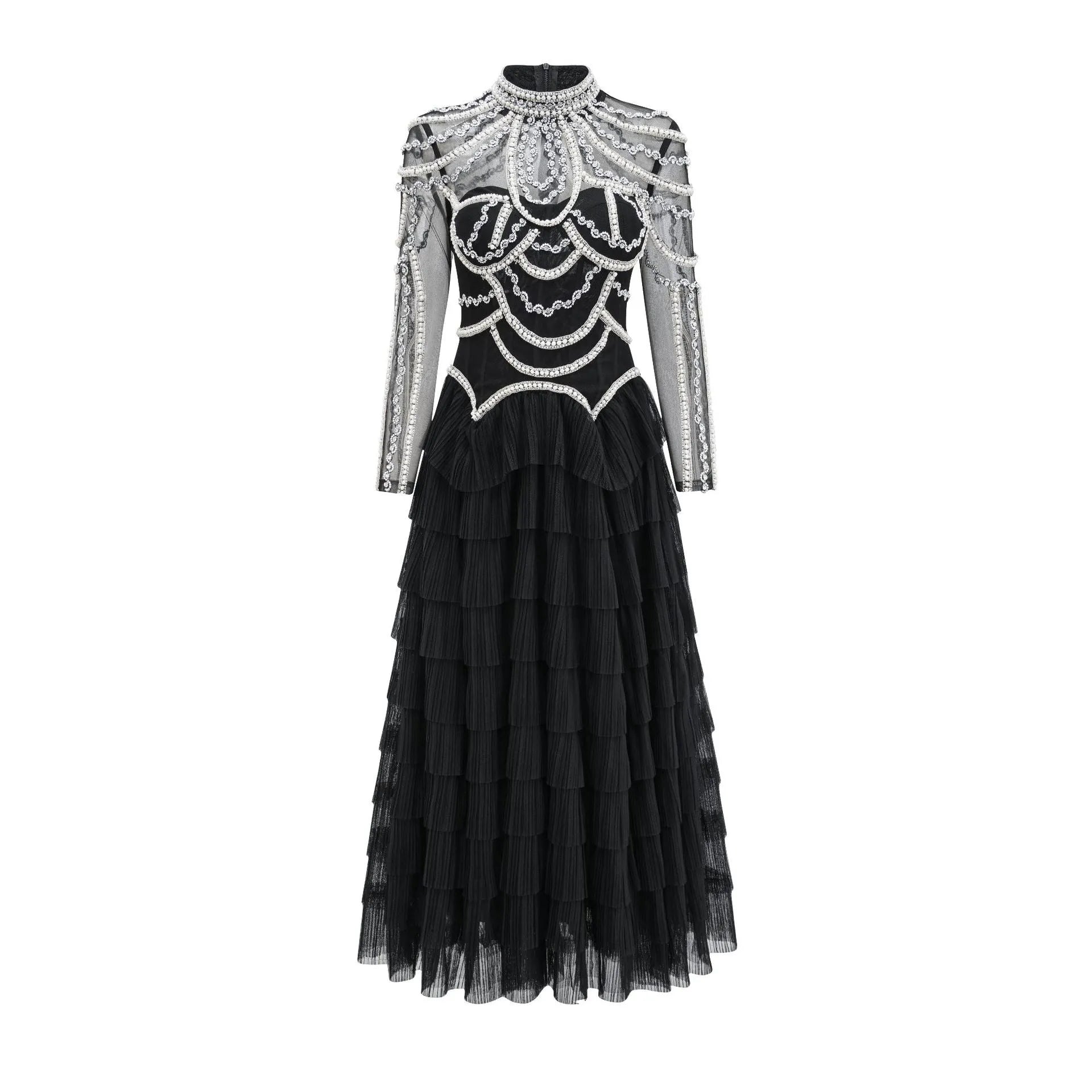 Black women's long sleeve formal dress with detailed beaded craftwork on the front.