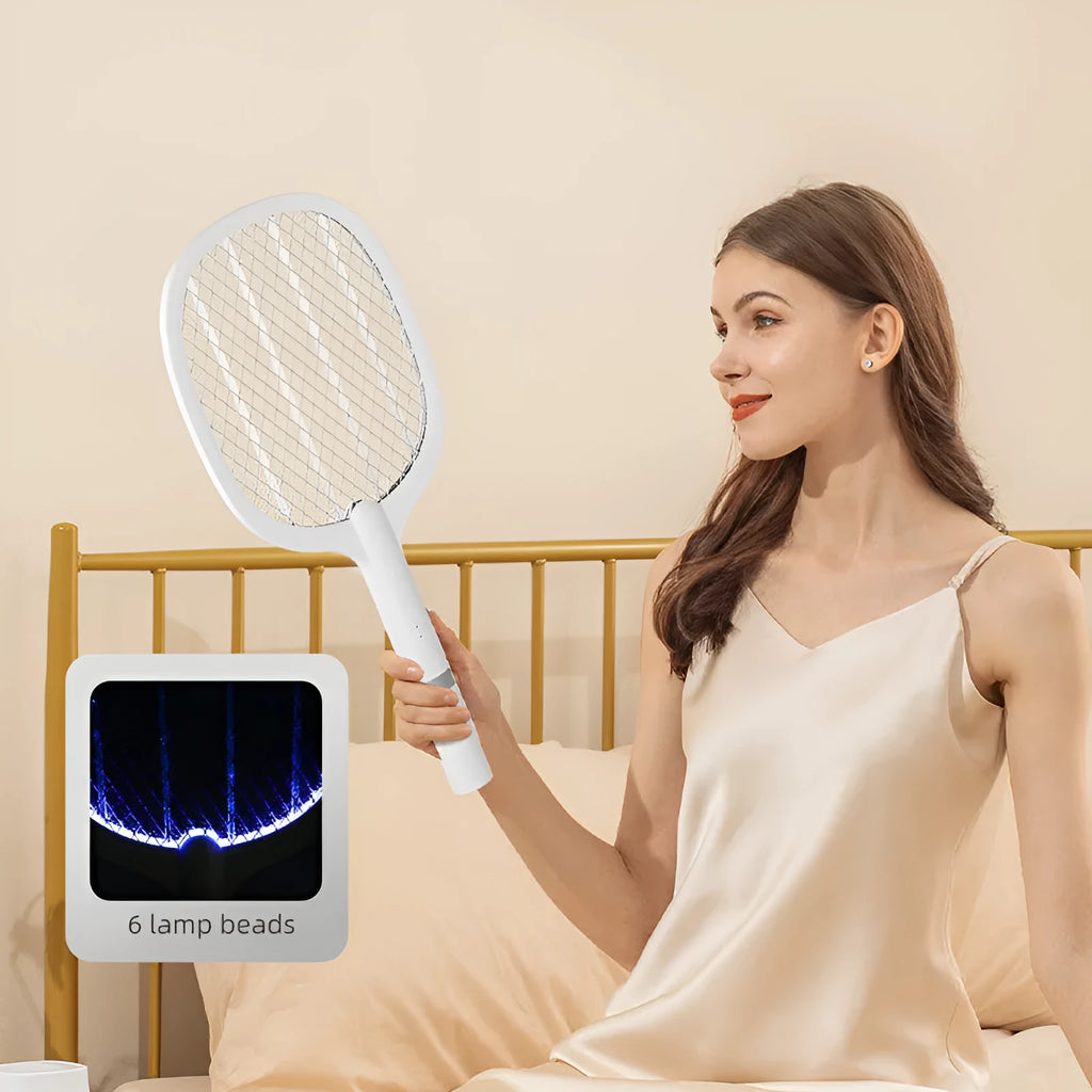 Rechargeable electric mosquito swatter with USB charging port in white or grey ABS plastic housing