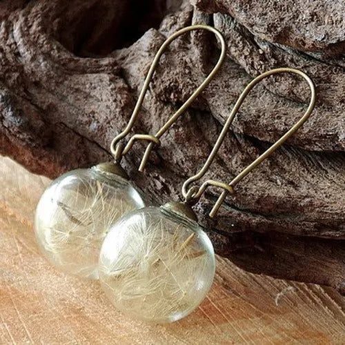 Transparent glass ball earrings with dandelion seed crystal design in silver and bronze finishes