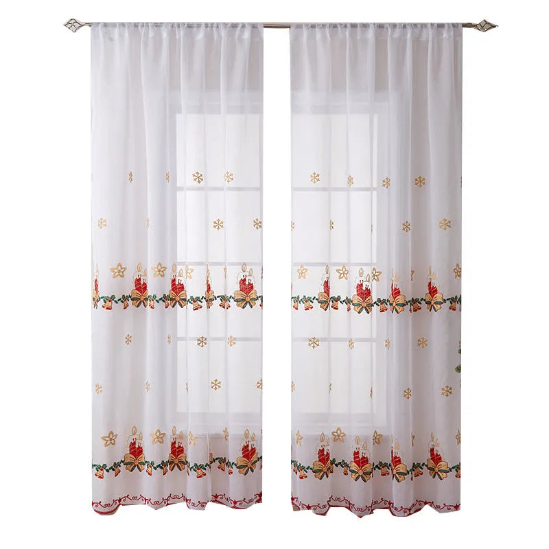 A pair of white polyester curtains with embroidered red and green snowflakes, showing American Christmas style.