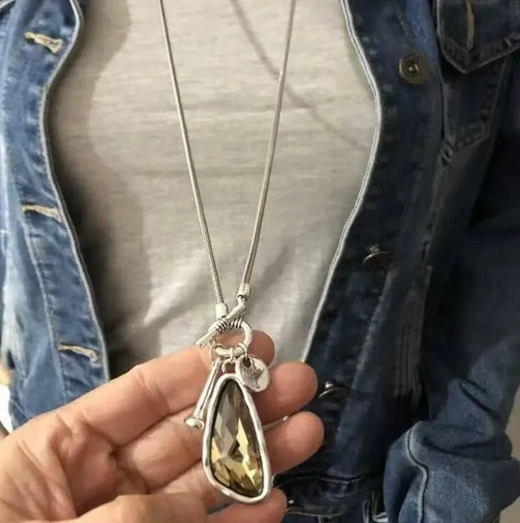 Women's long geometric alloy pendant necklace with snake bones chain in blue colour
