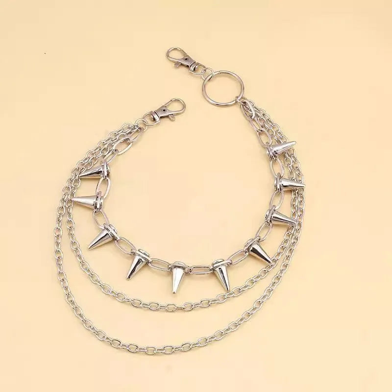 Silver metal alloy trousers chain with rivet and zipper punk detailing, 115cm length