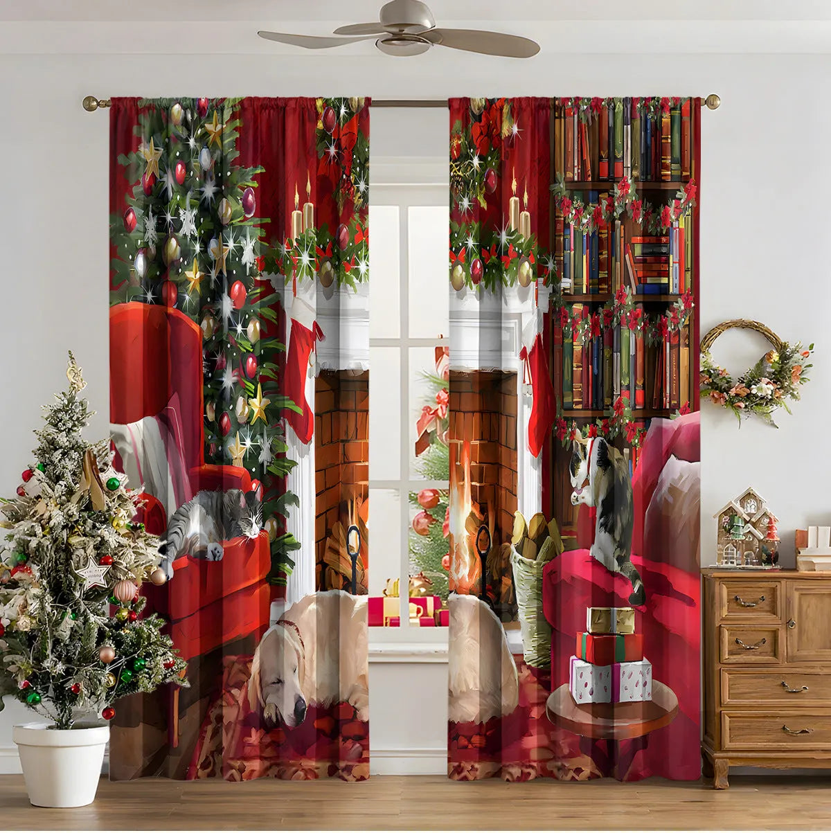 3D digital printed Christmas curtain in a modern European style, showing festive pattern and fabric texture.