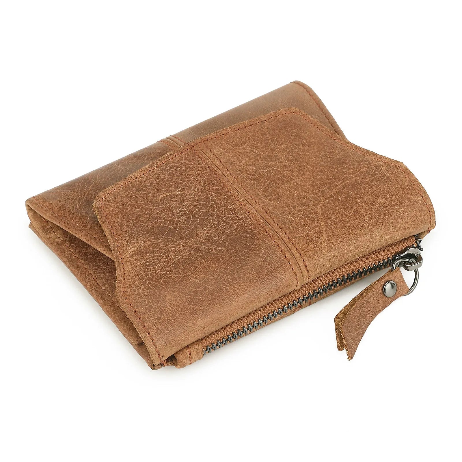 Genuine leather coin purse in retro style with stitching detail and anti-theft function