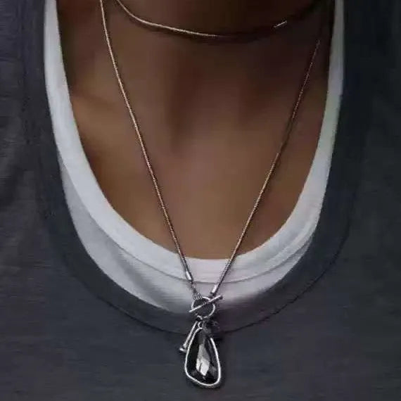 Women's long geometric alloy pendant necklace with snake bones chain in blue colour