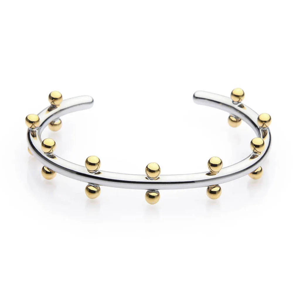 Stainless steel C-shaped rivet bean bead bracelet with alloy chain fastening in gold or steel colour