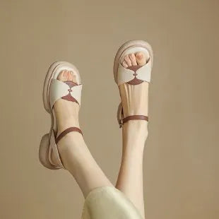 Women's beige chunky heel platform sandals with open toe and renewable leather upper