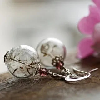 Transparent glass ball earrings with dandelion seed crystal design in silver and bronze finishes